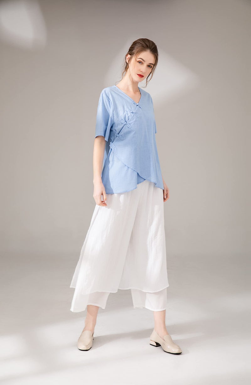 Minibee Women's Wide Leg Pants Loose Layer Capris Palazzo Elastic Waist Trousers White M - Image 5